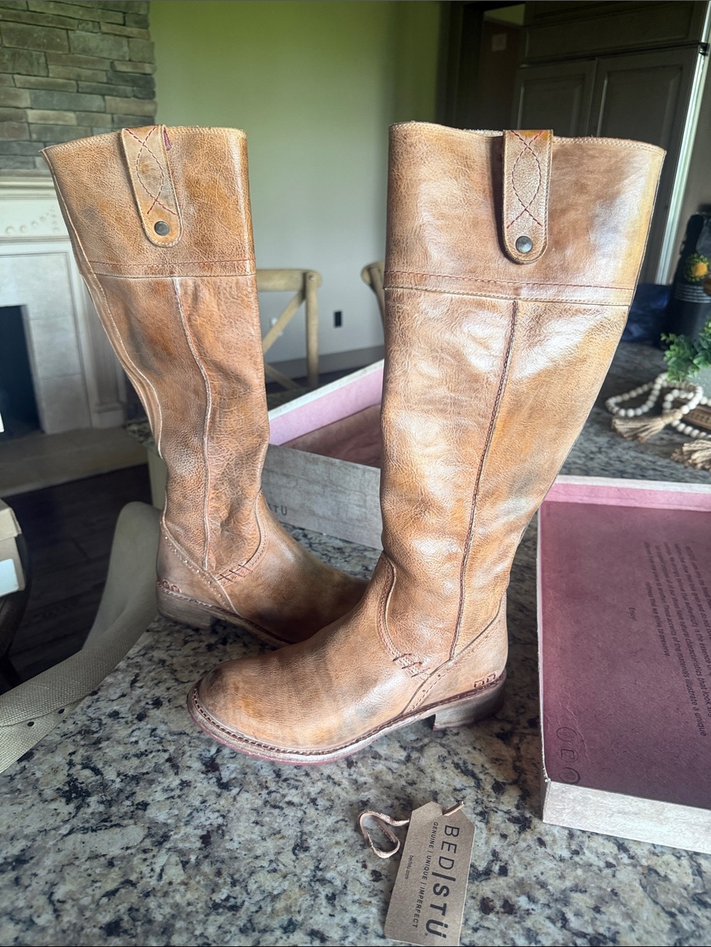 BED|STÜ Jacqueline Tall Leather Riding Boots - Distressed Tan Rustic 8.5